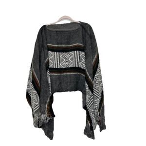 Vintage Indian Arts Poncho Wrap Wool Gray Green Red Yellow Stripe Black Ecuador